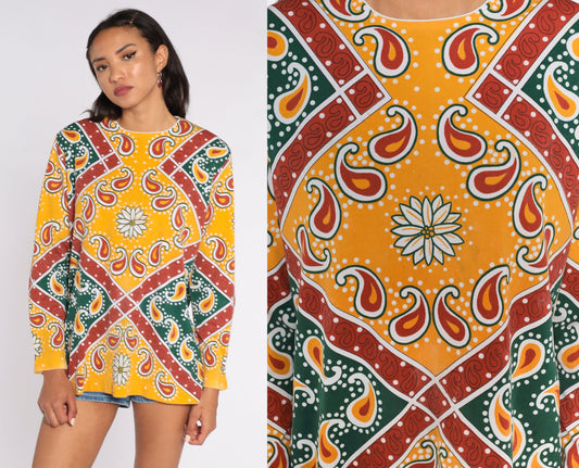 70s Psychedelic Floral Paisley Blouse Yellow Long Sleeve Extra Large
