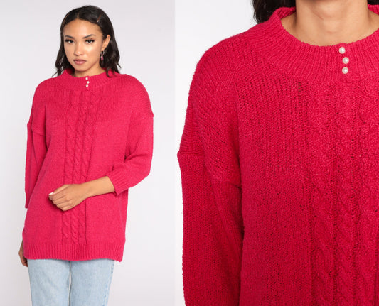 80s Hot Pink Cable Knit Sweater Pearl Button Pullover Extra Large XXL