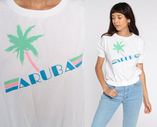 80s Aruba Palm Tree Graphic T-Shirt White Neon Small