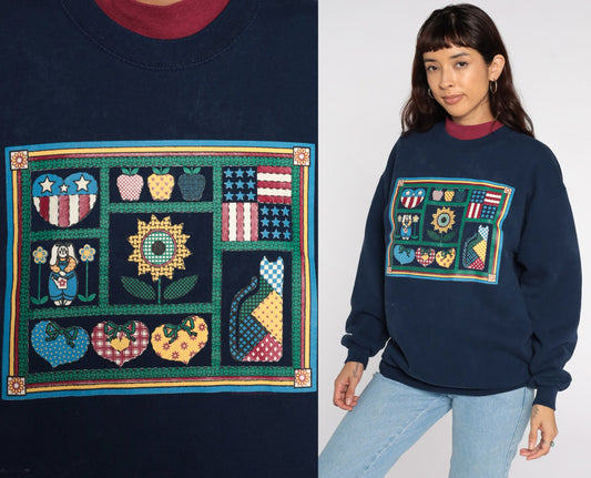 80s Country Cat Sunflower Navy Sweatshirt Graphic Animal Crewneck Large L