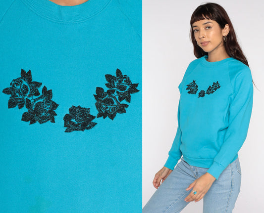 80s Floral Raglan Sweatshirt Blue Graphic Crewneck Small