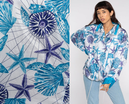 90s Seashell Nautical Windbreaker Jacket Purple Blue Zip Medium