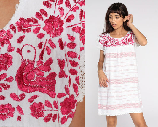 Vintage Mexican Embroidered White Cotton Mini Dress Pink Floral Small