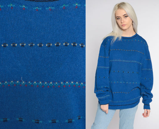 80s Gant Wool Striped Crewneck Sweater Blue Pullover Large