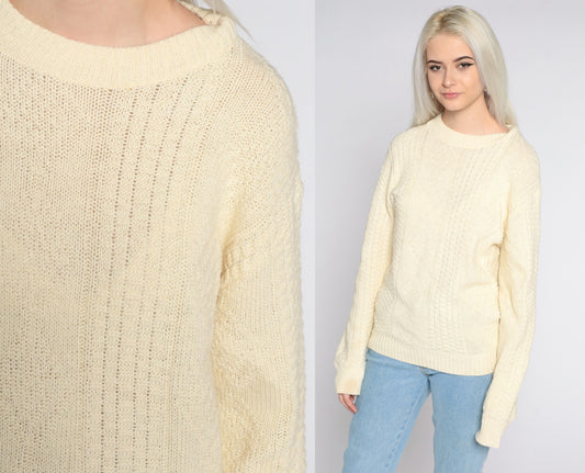 90s Cream Textured Acrylic Sweater Pullover Crewneck Large