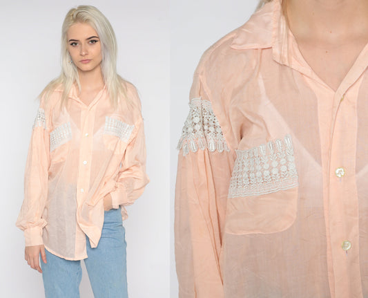 90s Sheer Crochet Lace Button-Up Blouse Peach Pink Long Sleeve Extra Large