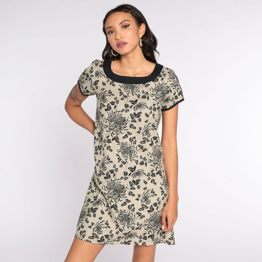 90s Tan Floral Shift Mini Dress Short Sleeve Small S