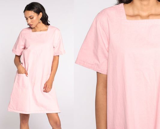 90s Baby Pink Shift Dress Cotton Pocket Mini Extra Large XL
