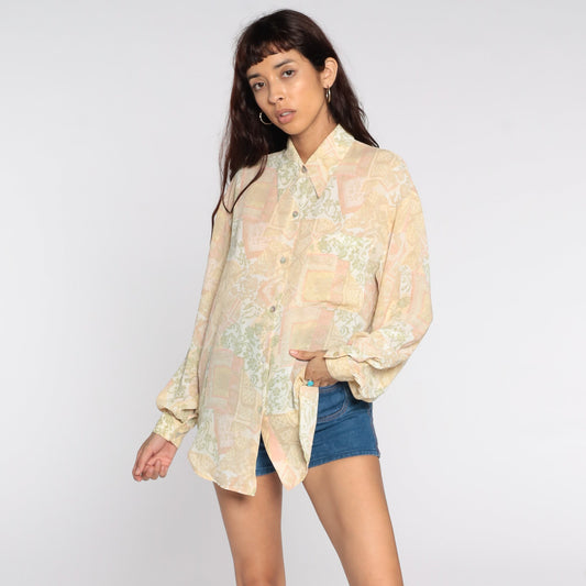 70s Yellow Geometric Floral Button-Up Blouse Dagger Collar Long Sleeve Medium