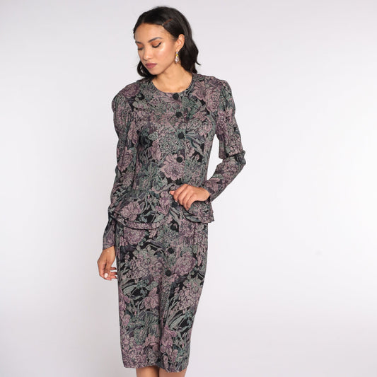 80s Floral Tapestry Midi Dress Puff Sleeve Button-Up Black Purple Medium