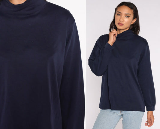 80s Navy Mock Neck Long Sleeve Shirt Cotton Top Extra Large XL