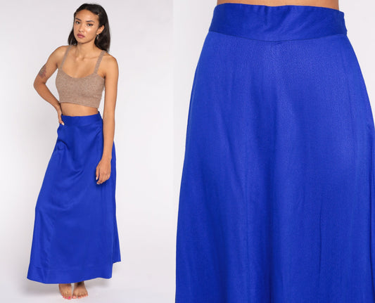 70s Purple-Blue High-Waisted Maxi Skirt Cotton Small
