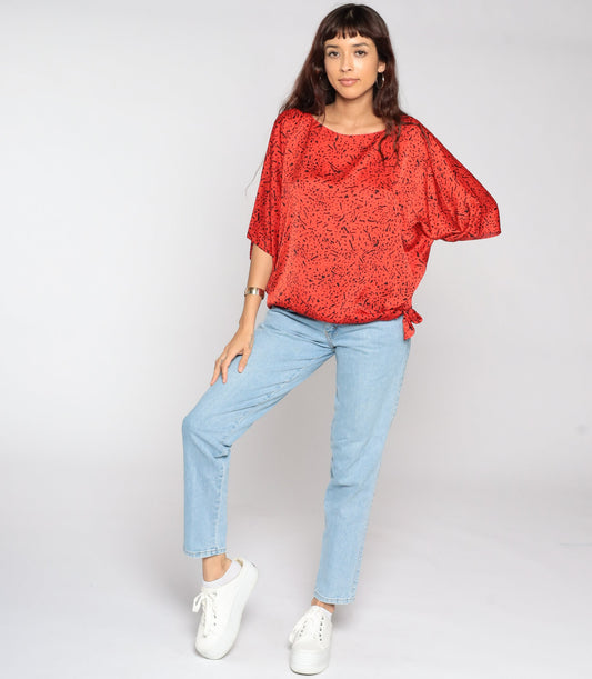 80s Red Confetti Flecked Dolman Blouse Plus Size XXL