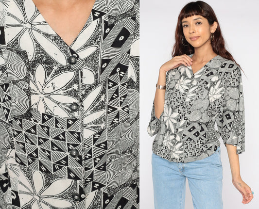 90s Black Floral Button Up Blouse Bell Sleeve Shirt Small Medium