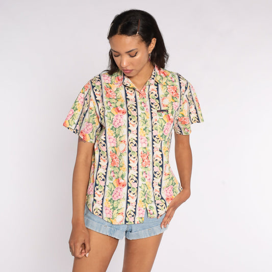 90s Fruit Print Button Up Shirt Grape Berry Short Sleeve Cotton Large