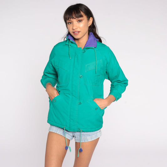 80s Green Zip-Up Jacket Cotton Blend Medium Petite