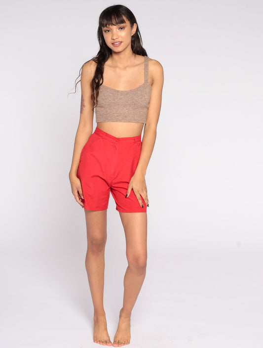 80s Red High-Waisted Shorts Cotton Blend Trouser Pockets Extra Small