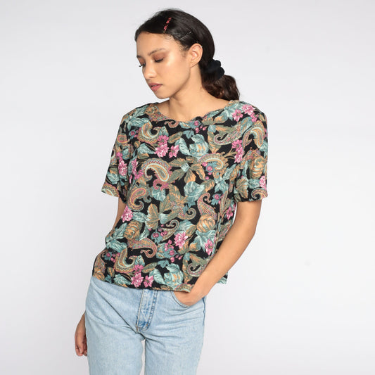 90s Paisley Floral Blouse Black Polyester Short Sleeve Medium