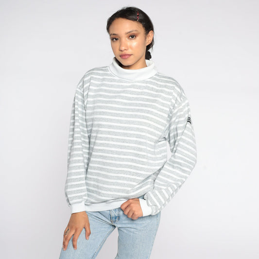 80s Striped Mock Neck Sweatshirt White Grey Pullover Medium