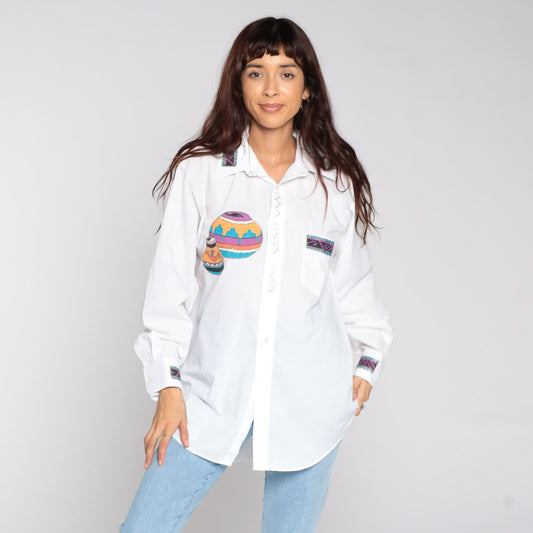 90s Southwestern Print Button Up Shirt White Gold Glitter Large