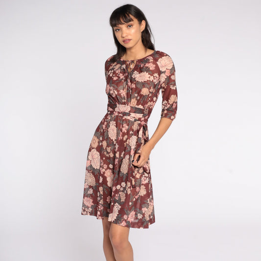 70s Floral Midi Dress Brown Pink High Waist 3/4 Sleeve Keyhole Extra Small