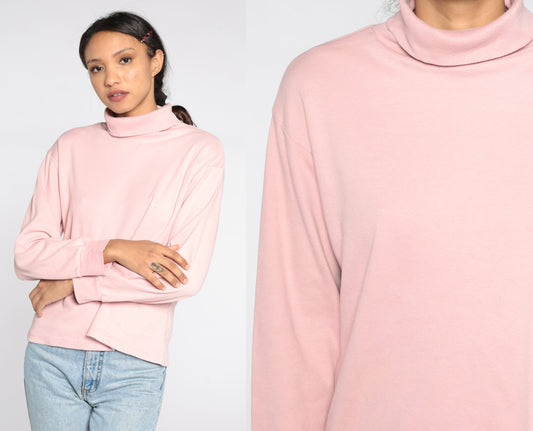80s Baby Pink Turtleneck Long Sleeve Shirt Cotton Blend Large L