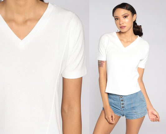 80s White V-Neck T-Shirt Cotton Poly Vintage Tee Small