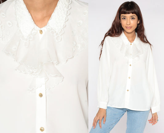 80s White Tuxedo Ruffle Blouse Long Sleeve Button Up Large