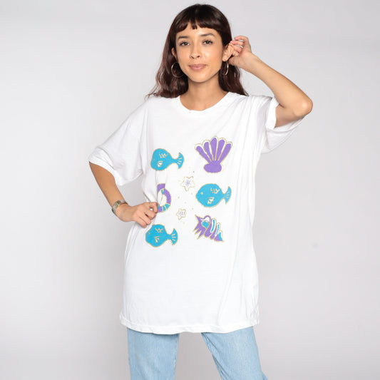 90s Fish Seashell Graphic T-Shirt Under The Sea Print Extra Large XL
