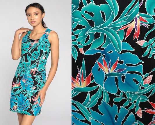 90s Floral Tropical Mini Sundress Shift Sleeveless Blue Green Extra Small