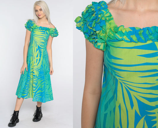 1960s Hawaiian Tropical Print Shift Dress Green Blue Midi Ruffle Sleeve Extra Small