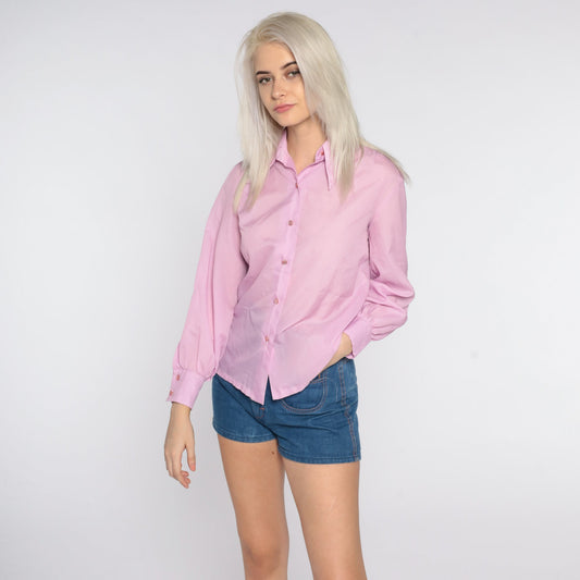 70s Lavender Dagger Collar Button-Up Shirt Long Sleeve Medium