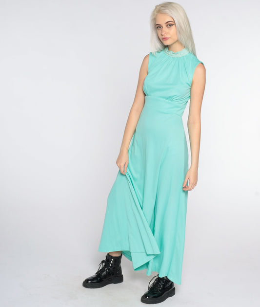 70s Seafoam Maxi Dress Empire Waist Crochet Collar Sleeveless Small