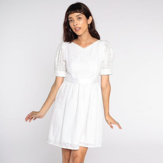 80s Lanz White Eyelet Midi Dress Puff Sleeve High Waist Extra Small