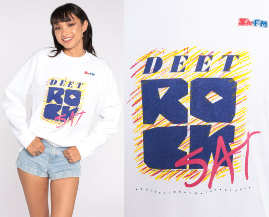 90s Deet Rocksat Australia Radio Graphic Sweatshirt White Crewneck Large