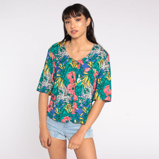 80s Tropical Floral Button Up Blouse Short Sleeve Blue Green Medium Large