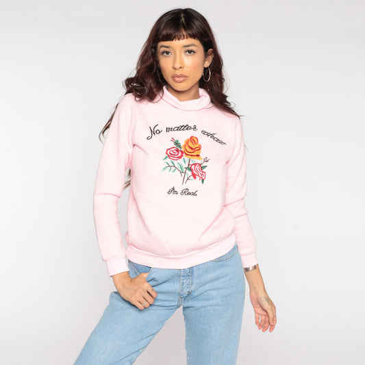 80s No Matter What I'm Real Sweatshirt Floral Embroidered Mock Neck Pink Extra Small