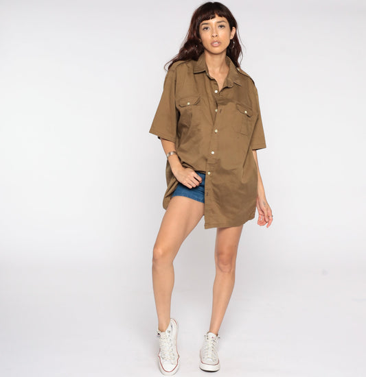 70s Brown Button Up Shirt Epaulette Collar Short Sleeve Men's Extra Large
