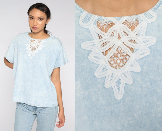 80s Blue Acid Wash Lace Cutout Blouse Cotton Top Medium