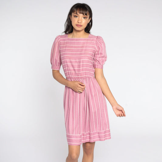 80s Pink Striped Puff Sleeve Dress High Waist Knee Length Extra Small