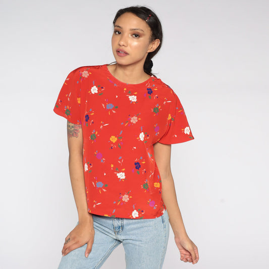 80s Red Floral Flutter Sleeve Blouse Short Sleeve Shirt Small