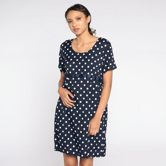 90s Navy Polka Dot Maternity Shift Dress White Mini Short Sleeve Medium