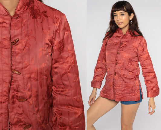 70s Red Floral Quilted Jacket Toggle Button Small