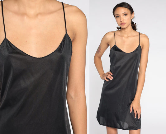 Y2K Black Slip Dress Spaghetti Strap Nightgown 00s Vintage Medium