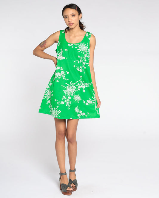 70s Babydoll Mini Dress Green Floral Empire Waist Sleeveless Medium