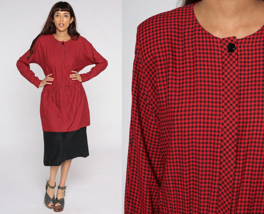 80s Red Gingham Midi Dress Long Sleeve Checkered Plaid Large