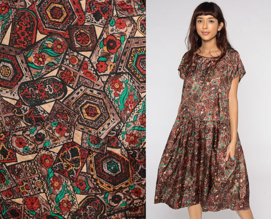 1960s Geometric Floral Midi Dress Drop Waist Short Sleeve Red Brown Medium