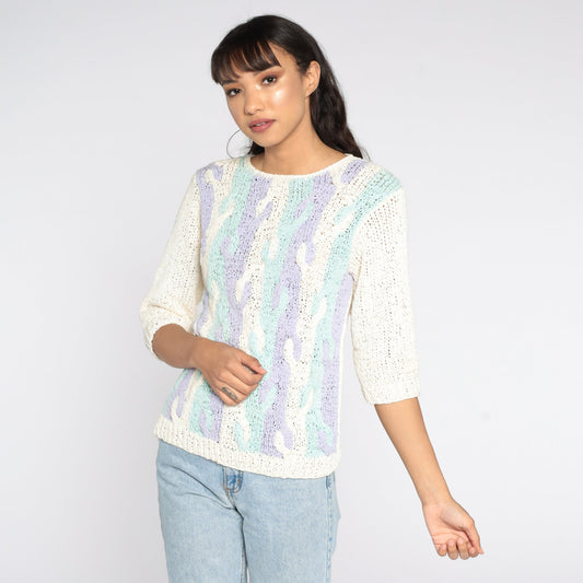 80s Pastel Abstract Cable Knit Sweater Blue Purple 3/4 Sleeve Medium