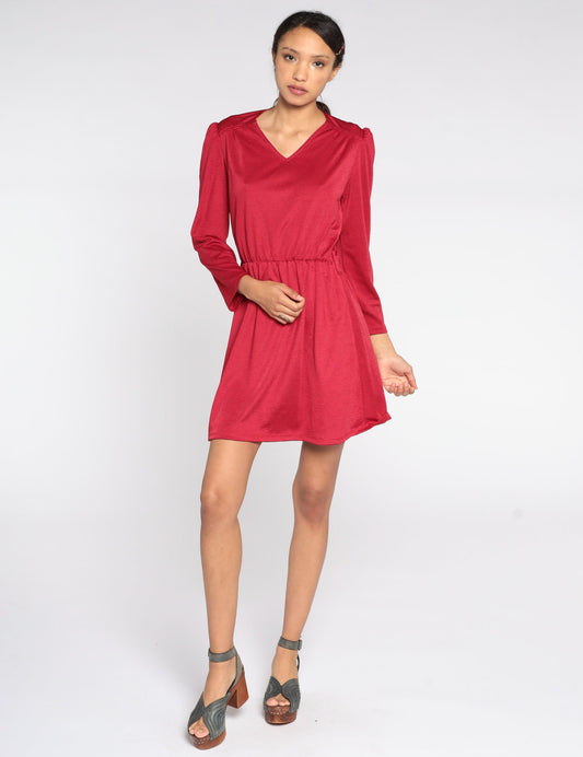 80s Cherry Red Striped Mini Dress Puff Sleeve V-Neck Elastic Waist Small