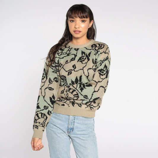 80s Floral Vine Crewneck Sweater Brown Green Pullover Medium